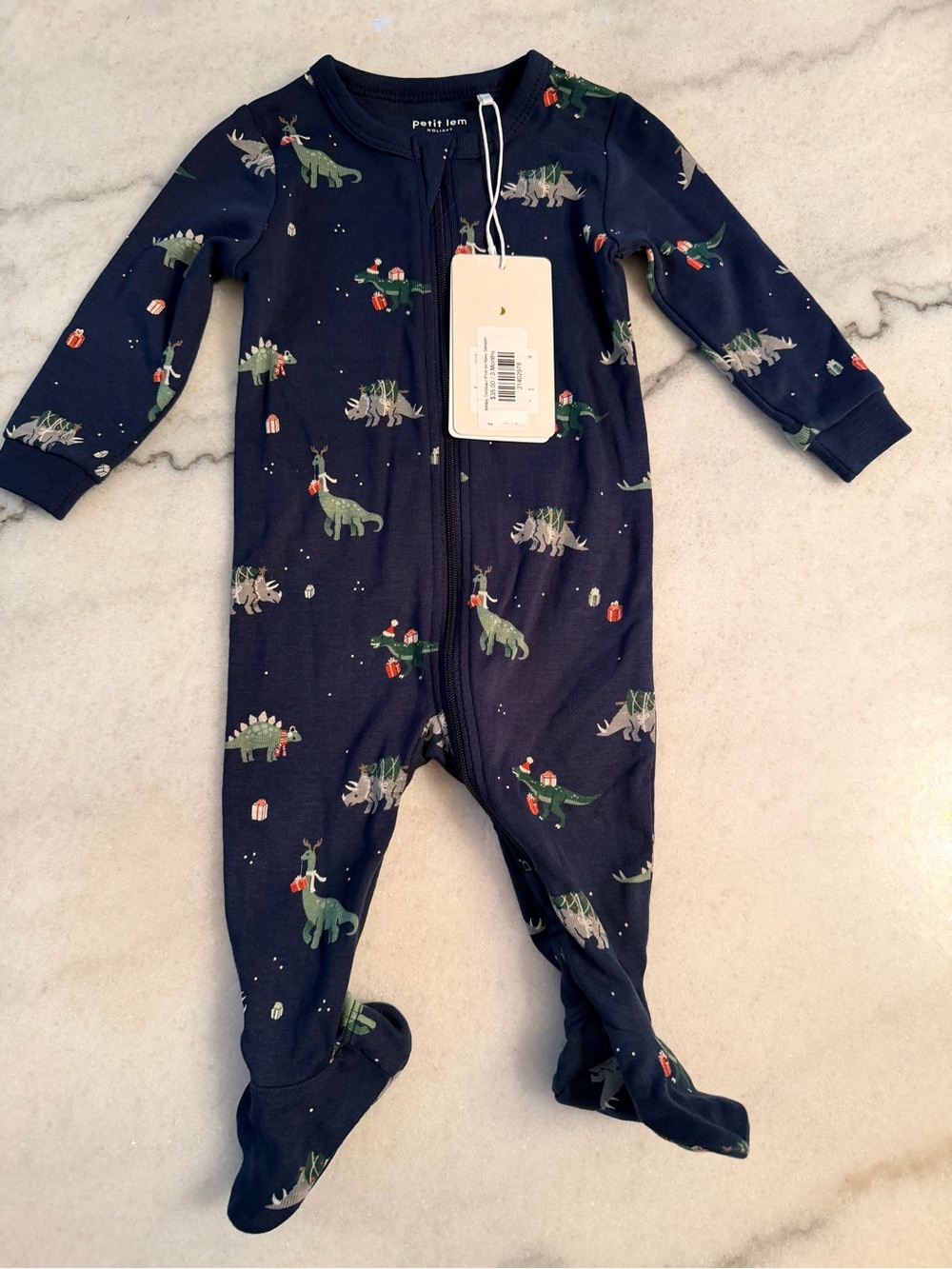 Petit Lem Navy Dinosaur Christmas Print Footed One-Piece